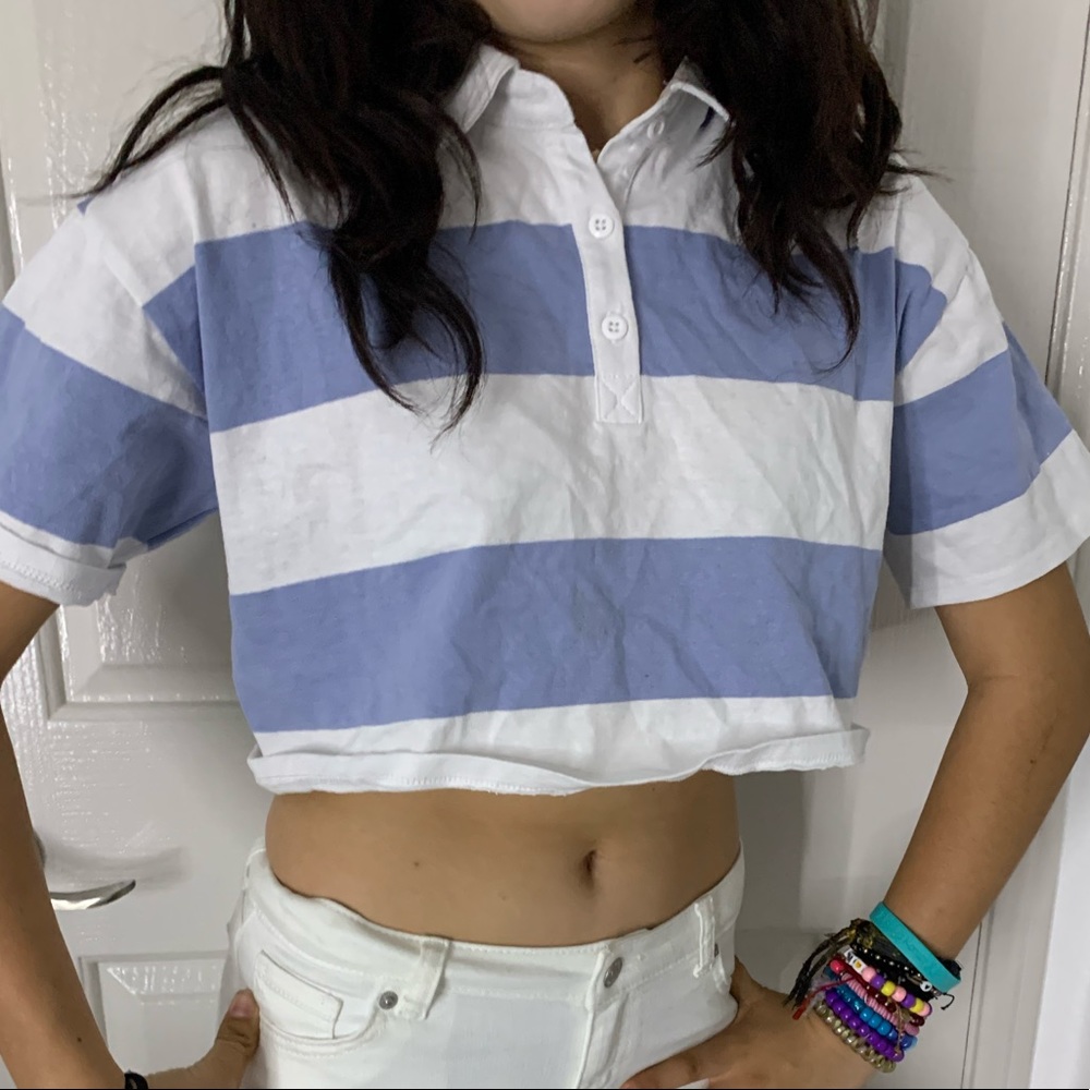 Blue and white striped crop top shirt